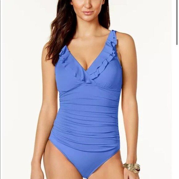 Lauren Ralph Lauren Tummy-Control Underwire Ruffled One-Piece Swimsuit Sky Blue - Picture 1 of 8